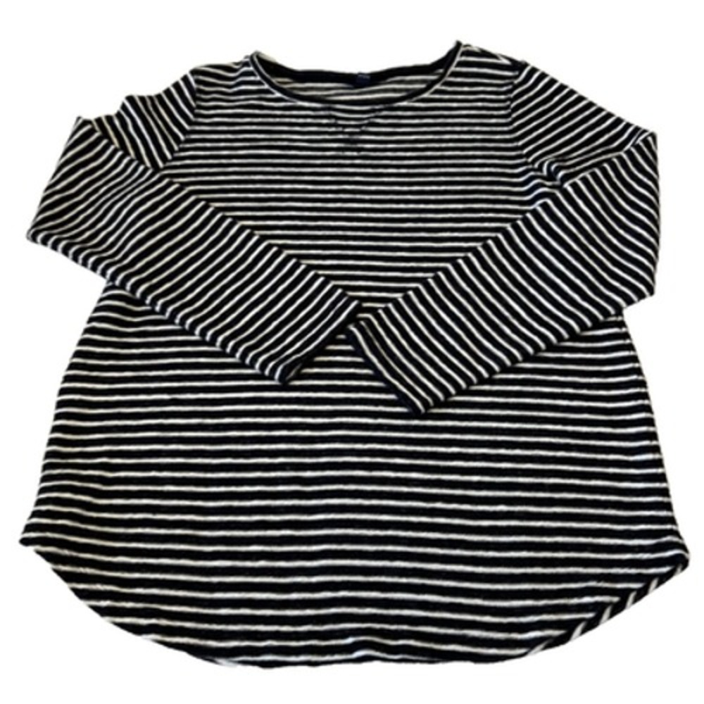 Lands' End Top Women Striped Shirt Long Sleeve Round Hem Cotton Sc L 14/16 Navy